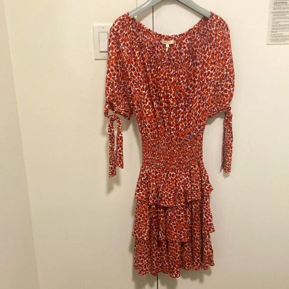 Maje Paris Rafia Print Mini Dress with Smocked Waist. Orange/Blue. Size Medium. - Picture 2 of 9